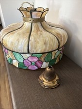 Antique Slag Glass Hanging Lamp Leaded Stained Floral 20.5" Arts & Crafts Canopy