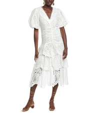 Farm Rio White Cotton Eyelet V Neckline Puffed Sleeve Midi Dress Women's