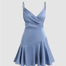 Cider Spaghetti Strap Blue Short Satin Mini Dress Size Large NWT