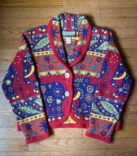Vintage 90s Boho Elephant Knit Cardigan Sweater Womens Medium 42  Chest Colorful