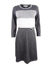 Calvin Klein Women's Belted Metallic Colorblocked Sweater Dress (PM, Charcoal)