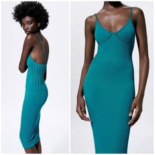 Zara Teal Seamless Bodycon Ribbed Midi Dress Perforated Limitless Contour M L