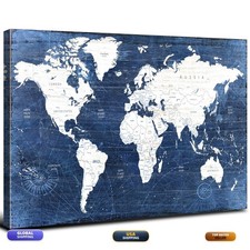 AREBOLO Retro Blue World Map Wall Art 24x36" Framed Canvas Print