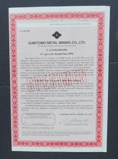 Japan / UK Sumitomo Metal Mining Co.Ltd 1991 4 5% bond $5000 SPECIMEN