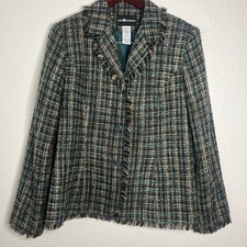 Women's Vintage Y2K Sag Harbor Tweed Blazer, Green/Brown/Blue, Size 10
