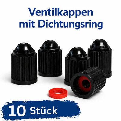 10x Ventilkappen Schrader Ventildeckel Auto KFZ mit Dichtungsring Schwarz 9,5mm