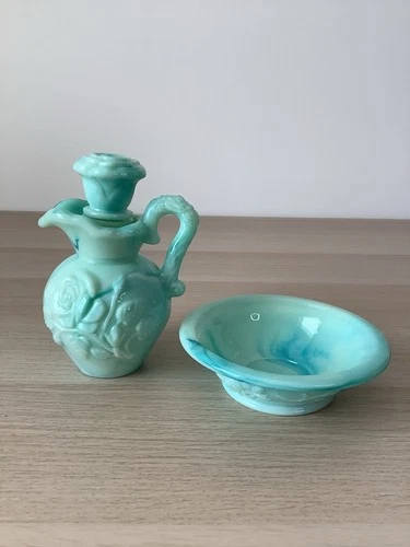 Vintage Avon Victorian Style Mini Pitcher and Wash Basin Green Jade Milk Glass