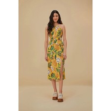 Farm Rio Medium Biriba Yellow Tropical Floral Fruit Print Halter Midi Dress