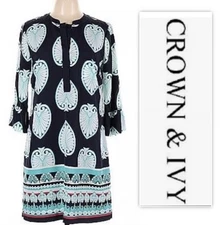 Crown & Ivy Womens Navy Teal Tulip Sleeve Shift Dress Size 14 Petite Coastal