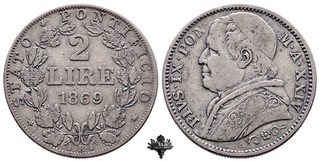 STATO PONTIFICIO Roma 2 lire 1869 ARGENTO Papa Pio IX