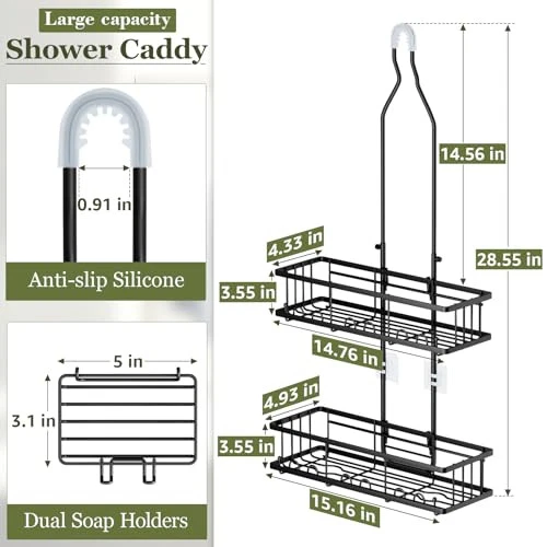 Shower Caddy Hanging: Adjustable Height No Blocking to Shower Head - Black