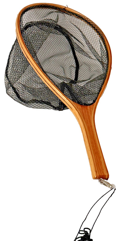 VTG Wood Fly Fishing Landing Net Teardrop Frame Black Mesh Trout Catch Release