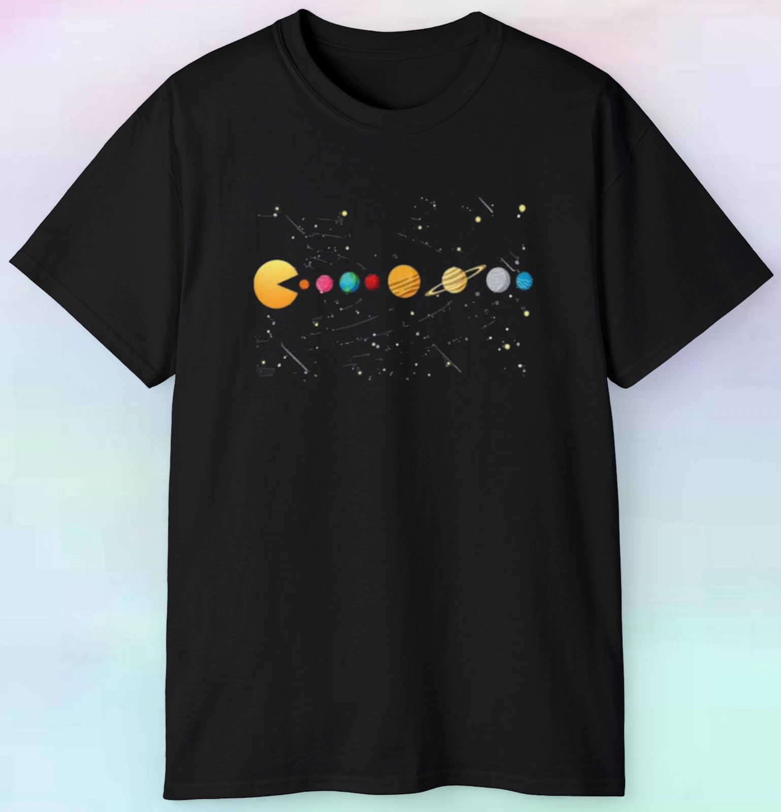 Men's Women's Pac Man Inspired Solar System T Shirt Funny Space Retro S-4XL