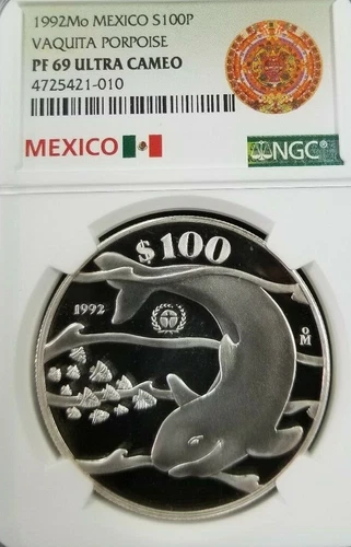 1992 MEXICO SILVER 100 PESOS VAQUITA PORPOISE NGC PF 69 ULTRA CAMEO HIGH GRADE