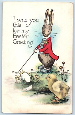Easter Postcard Greeting Anthropomorphic Rabbit Playing Golf Egg Chick Tuck