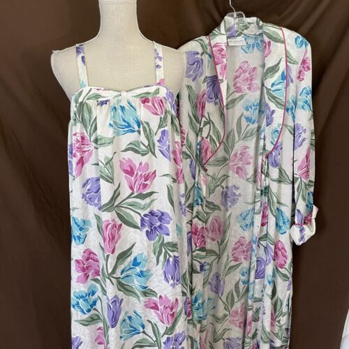 MARY MCFADDEN Pegnoir Set LARGE Womens Long Gown & Robe Floral Satin USA Vintage