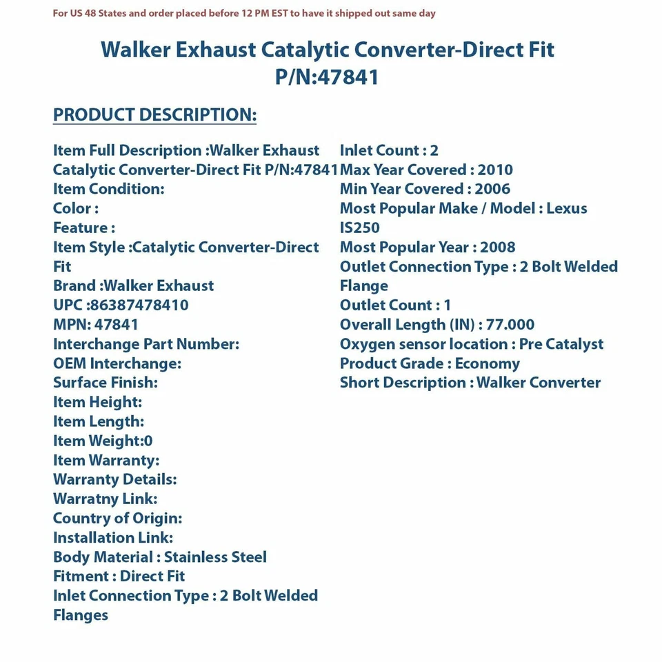Convertidor catalítico de escape Walker - ajuste directo 47841 Foto 4 de 4