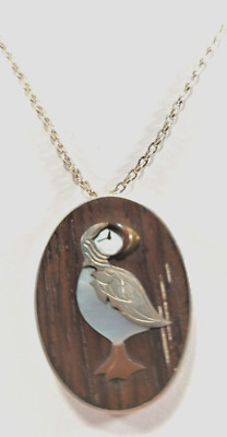 Puffin 1 1/4'' oval pendant 18'' necklace mother of pearl abalone wood JAY