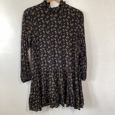 Zara Womens Black Floral Print Long Sleeve Ruffle Neck Keyhole Dress Size S