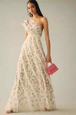 Anthropologie Mac Duggal One-Shoulder Embroidered Maxi Dress Evening Gown 4 NWT