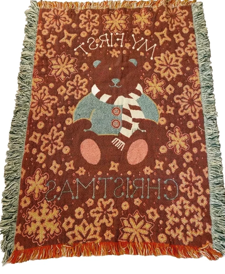 Vintage Baby's First Christmas 90s Y2K Afghan Tapestry Blanket Teddy Bear 33" Foto 4 de 4