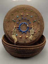 Antique Chinese Republic Period Woven Sewing Basket Glass Beads & Lid 13.5&rdquo;
