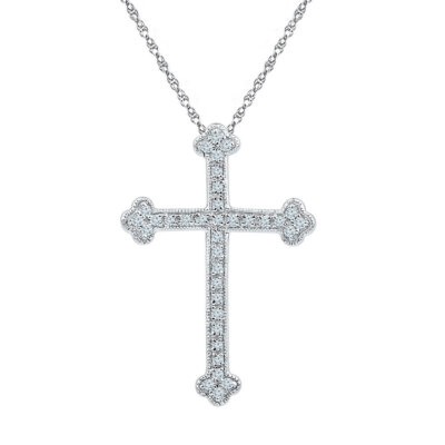 L U DIAMONDS 10K White Gold Diamond Gothic Cross Religious Pendant 1/5 CT