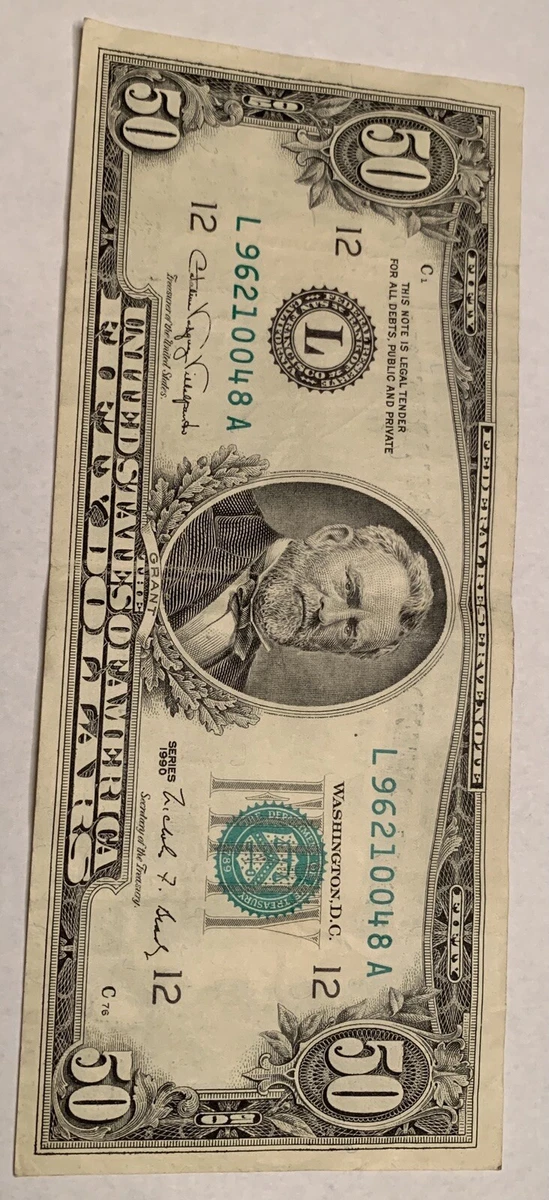 1990 District L 50 Federal Reserve Note Fifty Dollar Bill 048 A