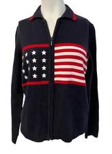 Ladies S Cardigan Red White Blue Star Stripe Flag Full Zip Vintage Patriotic USA