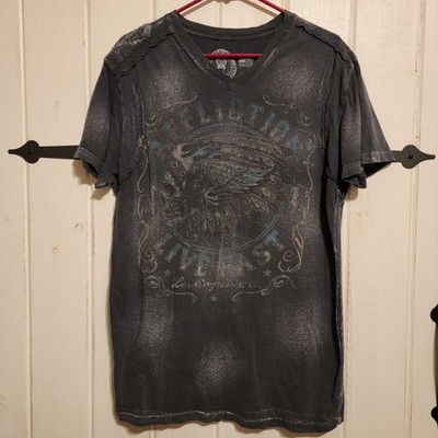 Affliction Mens Skull Graphic Grunge T-Shirt Black Gray Los Angeles Size L