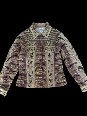 Sandy Starkman Womens Beaded Sequin Jacket Size M Brown Cotton Snaps Art Mature
