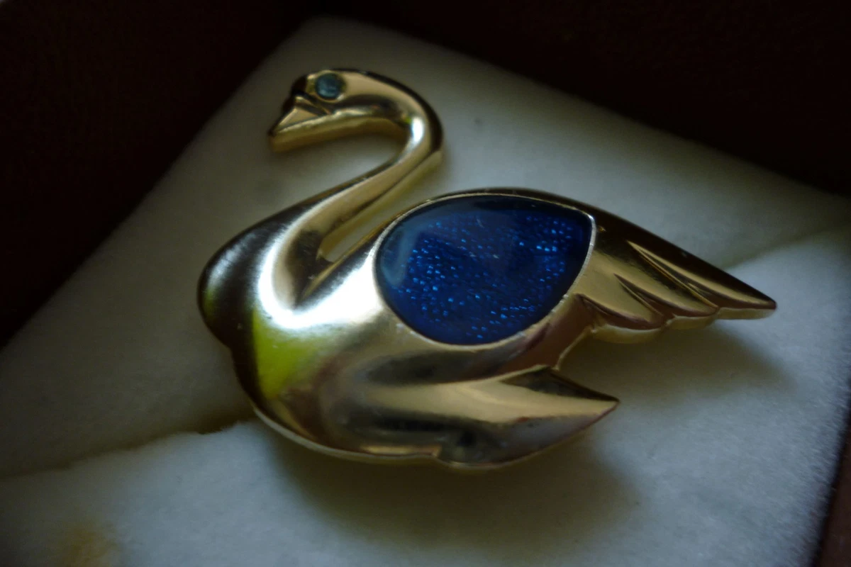 Kleine Brosche, Schwan, Modeschmuck goldfarben mit blau Stein