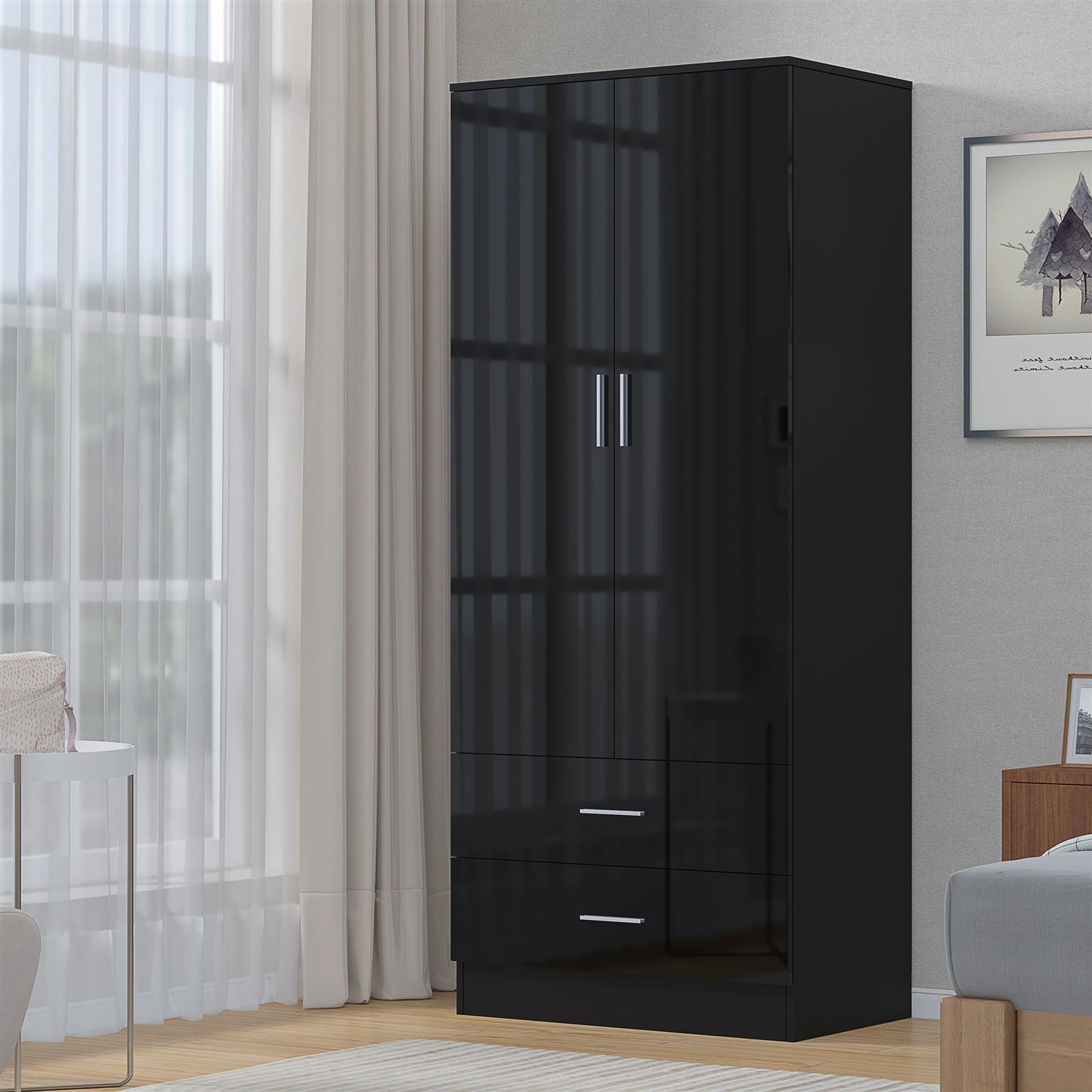 REFLECT Wardrobe 2 Door 2 Drawer - Black High Gloss Front / Black Matt Finish