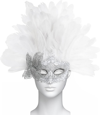 Feather Masquerade Mask, Lace Venetian Carnival Mask with Plumes, Mardi Gras Cos