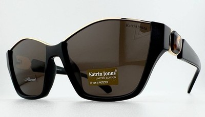 KATRIN JONES Polarized Sunglasses KJ0953 Black Gold Cat Eye Case Cloth New