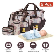 5Pcs Mummy Nappy Diaper Bag Set With Food Bag Bottle Bag Diaper Pad For Mom Dad