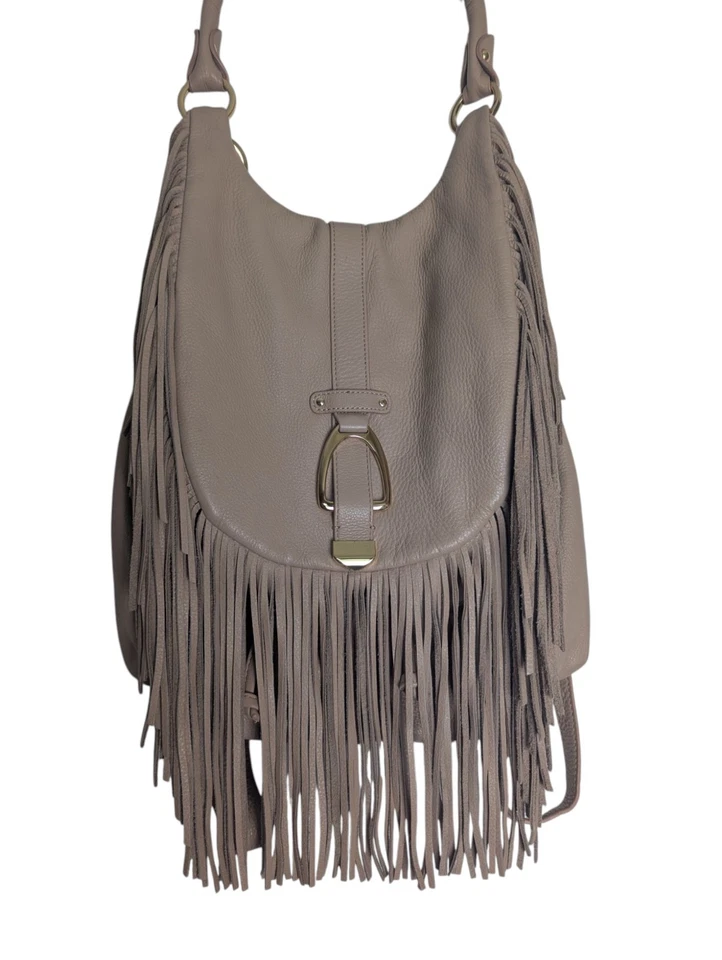Bolso bandolera/mochila beige tostado con flecos de cuero genuino guijarro G.I.L.I Foto 2 de 4