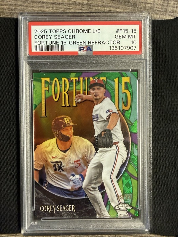 2025 TOPPS CHROME LOGOFRACTOR EDT FORTUNE 15 GREEN REF COREY SEAGER 99/99 PSA 10