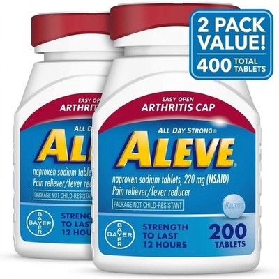 2x Aleve Pain Reliever 200ct (400 Total) Naproxen 220mg Easy Open Arthritis Cap