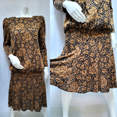 Vintage 1980's LIBRA II Brown & Black Floral Knit Dress - Size M - EUC