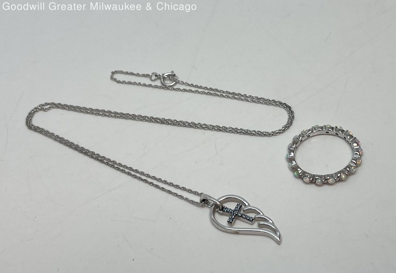 925 Sterling Sapphire Cross Angel Wing Pendant Necklace & Faux Opal Ring 4.2g
