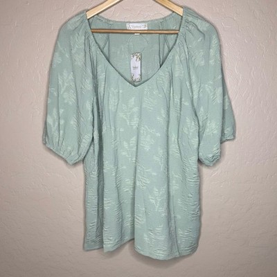 Suzanne Betro New Large Weekend Shirred Balloon Sleeve Top Green $86