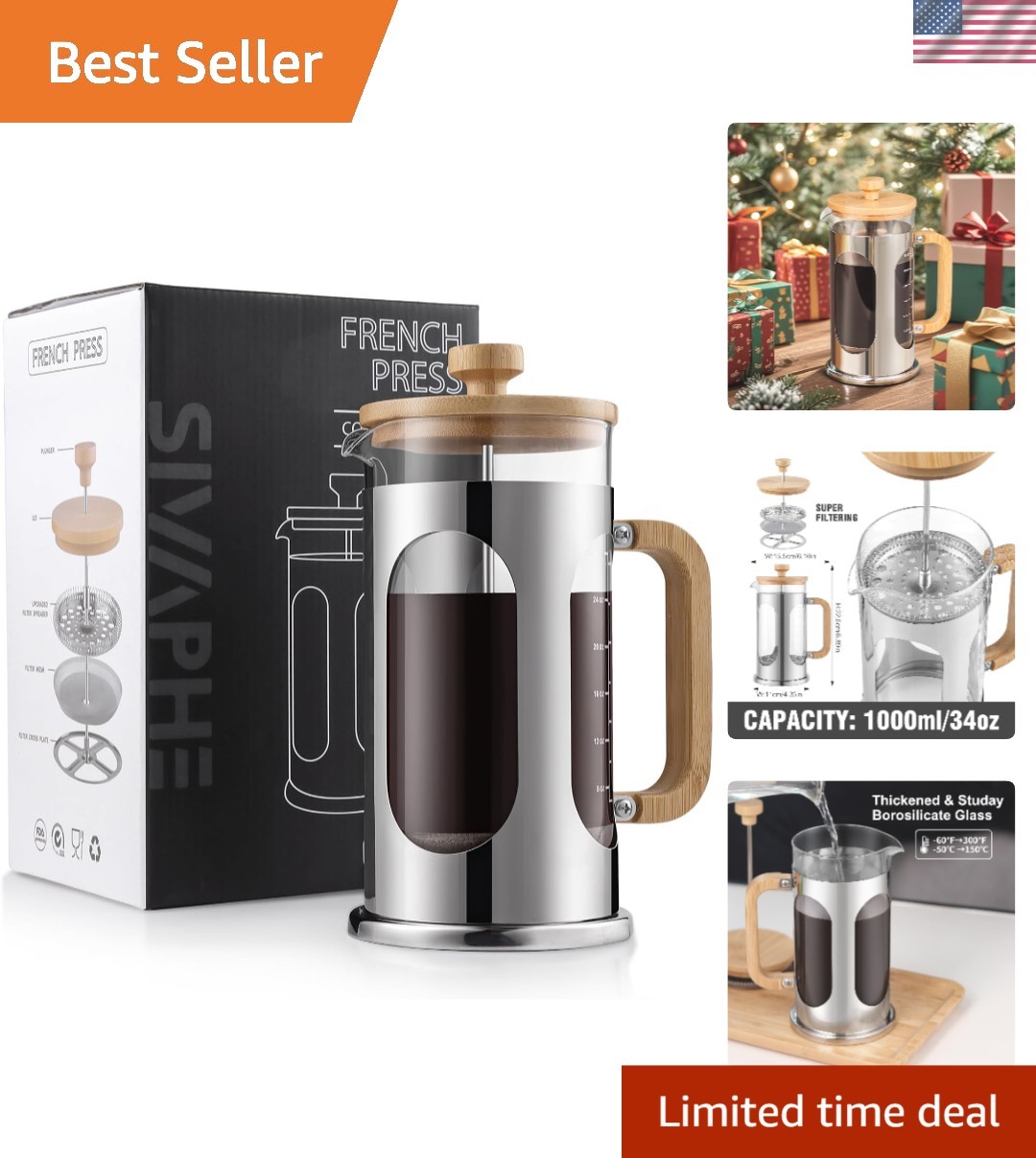 Coffee Maker - Borosilicate Glass & Bamboo Design