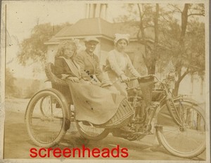 1914 RARE Cabinet Photo "MOTORCYCLE & WICKER SIDECAR" Cincinnati Ohio EARLY 1