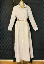 POMANDER PLACE Gold STRIPE SHIRT DRESS Medium LONG Seersucker Tuckernuck Preppy