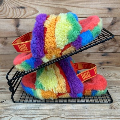 UGG Sandalen Mädchen UK 2 Fluff Yeah Slide Regenbogen Streifen Winter Kinder Australien