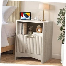  Fluted Nightstand with Charging Station, Adjustable 1 Pack Light Grey Modern