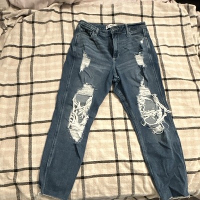 Hollister Curvy High-Rise Mom Jeans Distressed Blue Vintage Stretch Women's
