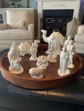 Vintage 1970's Ivory Ceramic with Felt Bottom 11 Piece Nativity Set
