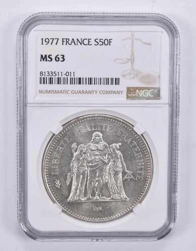 1977 France 50 Francs Silver MS63 NGC Brown Label *9663